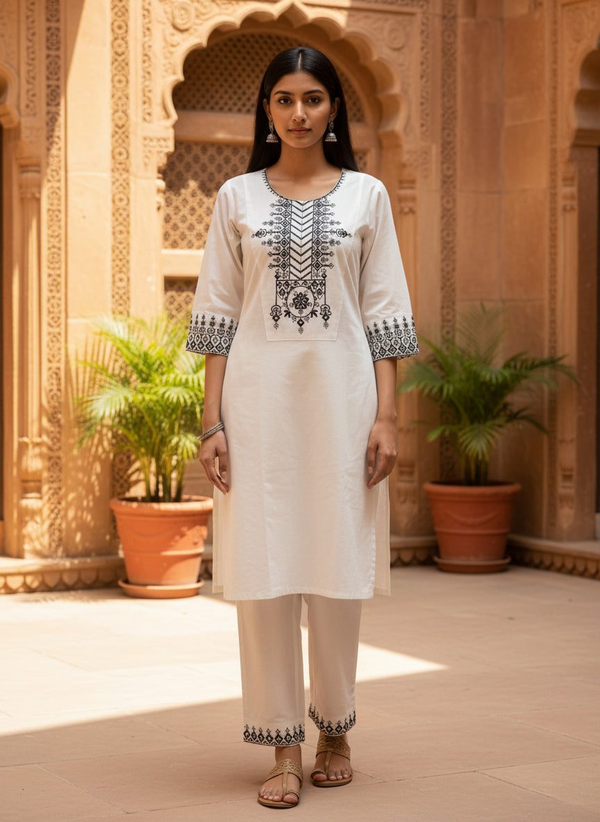 White Khadi Cotton Black Thread Embroidered Designer Kurti with Pants Set