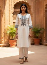 White Khadi Cotton Black Thread Embroidered Designer Kurti with Pants Set