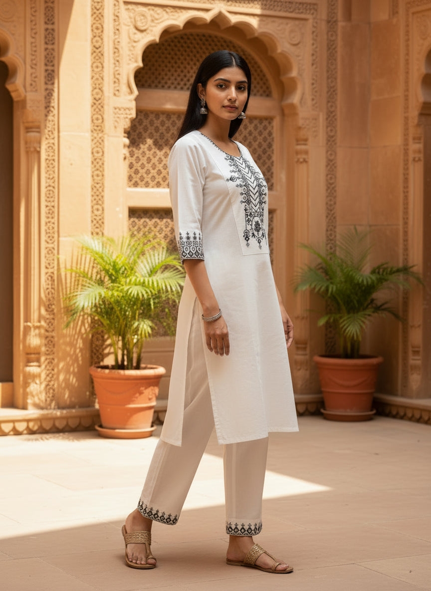 White Khadi Cotton Black Thread Embroidered Designer Kurti with Pants Set