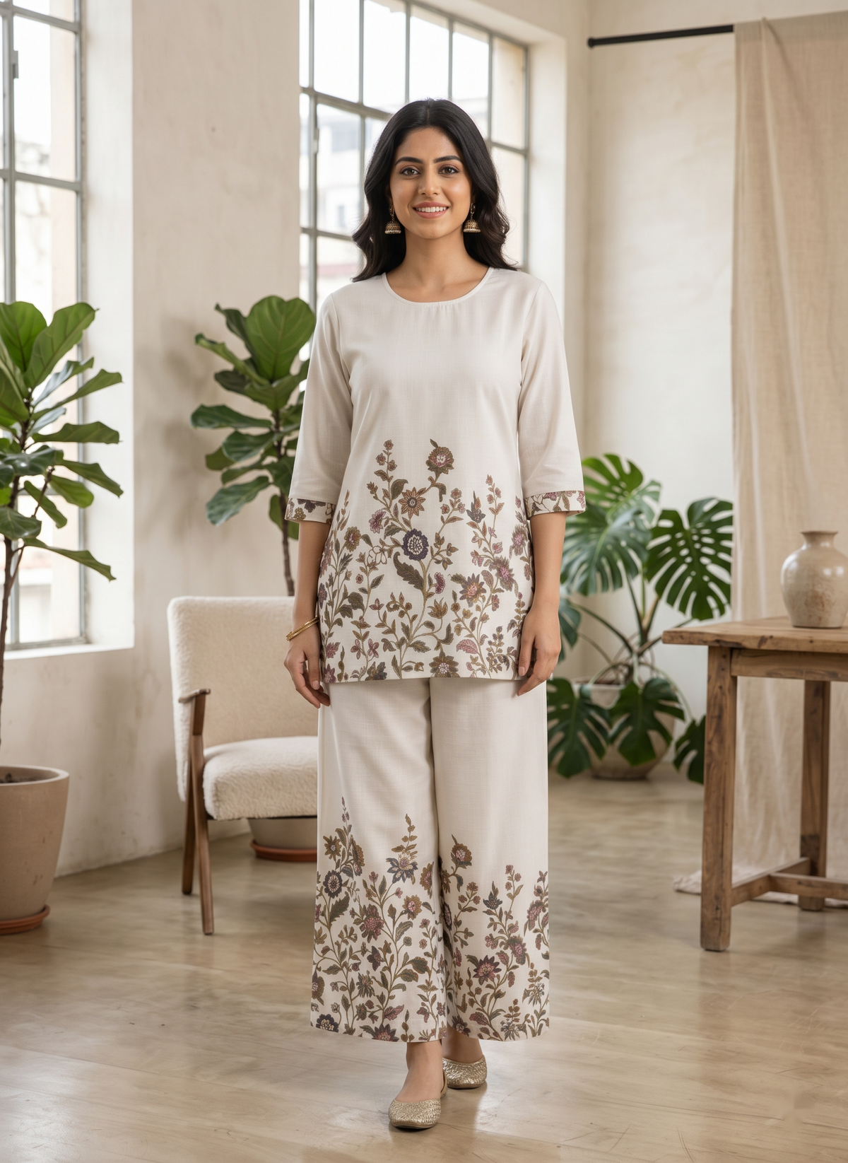 Off-White Floral Printed Cotton Co-Ord Set for Women