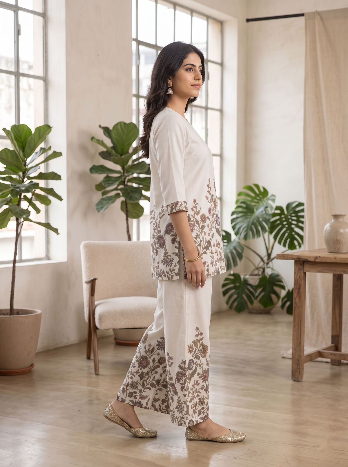 Off-White Floral Printed Cotton Co-Ord Set for Women