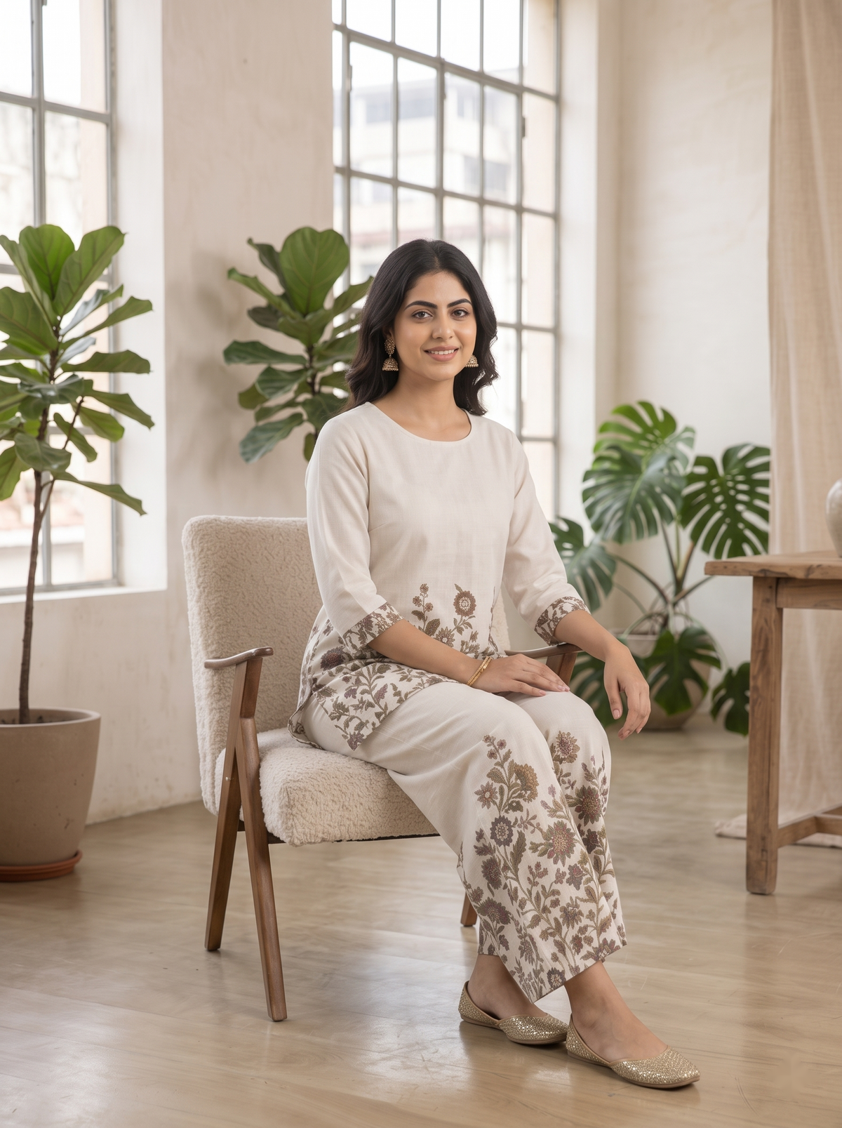 Off-White Floral Printed Cotton Co-Ord Set for Women
