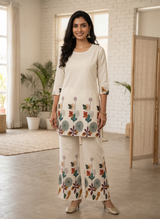 Off-White Dandelion Floral Printed Cotton Co-Ord Set for Women