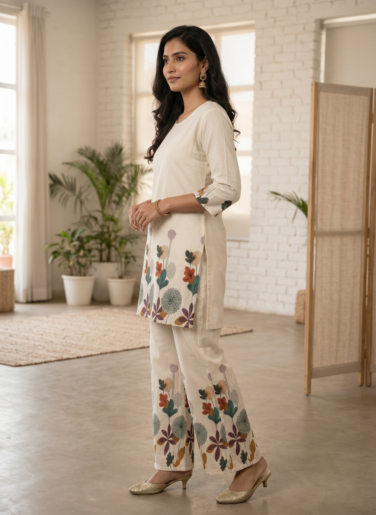 Off-White Dandelion Floral Printed Cotton Co-Ord Set for Women