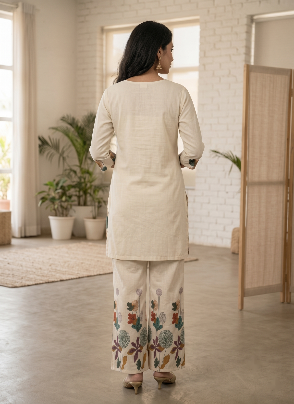 Off-White Dandelion Floral Printed Cotton Co-Ord Set for Women