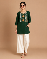 Bottle Green Dhabu Cotton Embroidered Designer Short Kurti with Palazzo Set