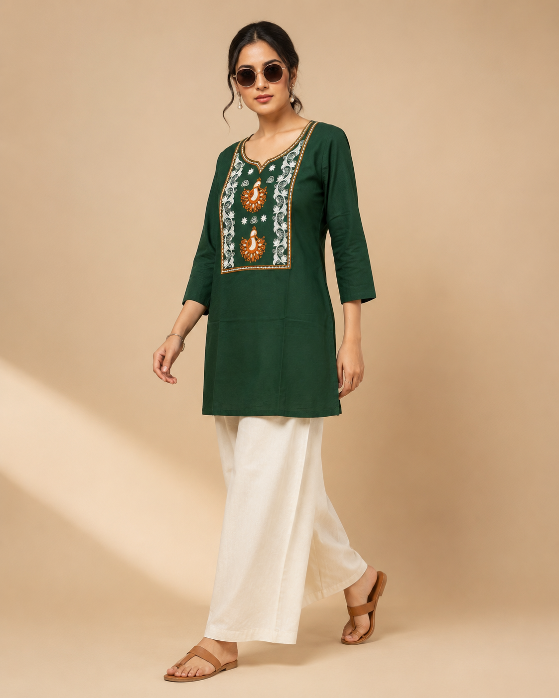 Bottle Green Dhabu Cotton Embroidered Designer Short Kurti with Palazzo Set