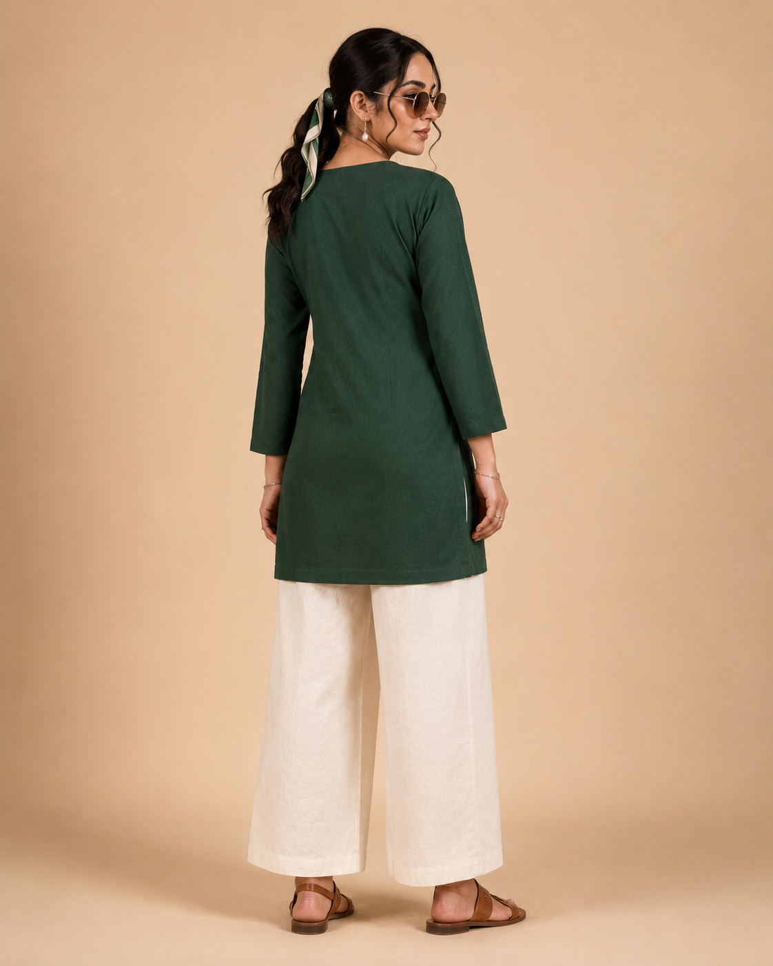 Bottle Green Dhabu Cotton Embroidered Designer Short Kurti with Palazzo Set