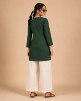 Bottle Green Dhabu Cotton Embroidered Designer Short Kurti with Palazzo Set