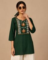 Bottle Green Dhabu Cotton Embroidered Designer Short Kurti with Palazzo Set