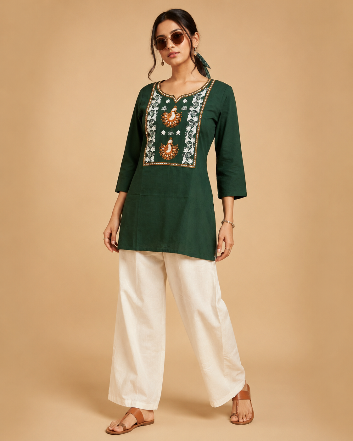 Bottle Green Dhabu Cotton Embroidered Designer Short Kurti with Palazzo Set