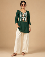 Bottle Green Dhabu Cotton Embroidered Designer Short Kurti with Palazzo Set