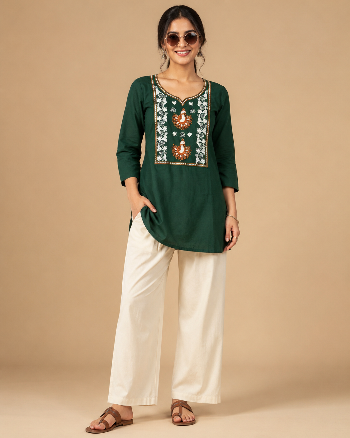 Bottle Green Dhabu Cotton Embroidered Designer Short Kurti with Palazzo Set