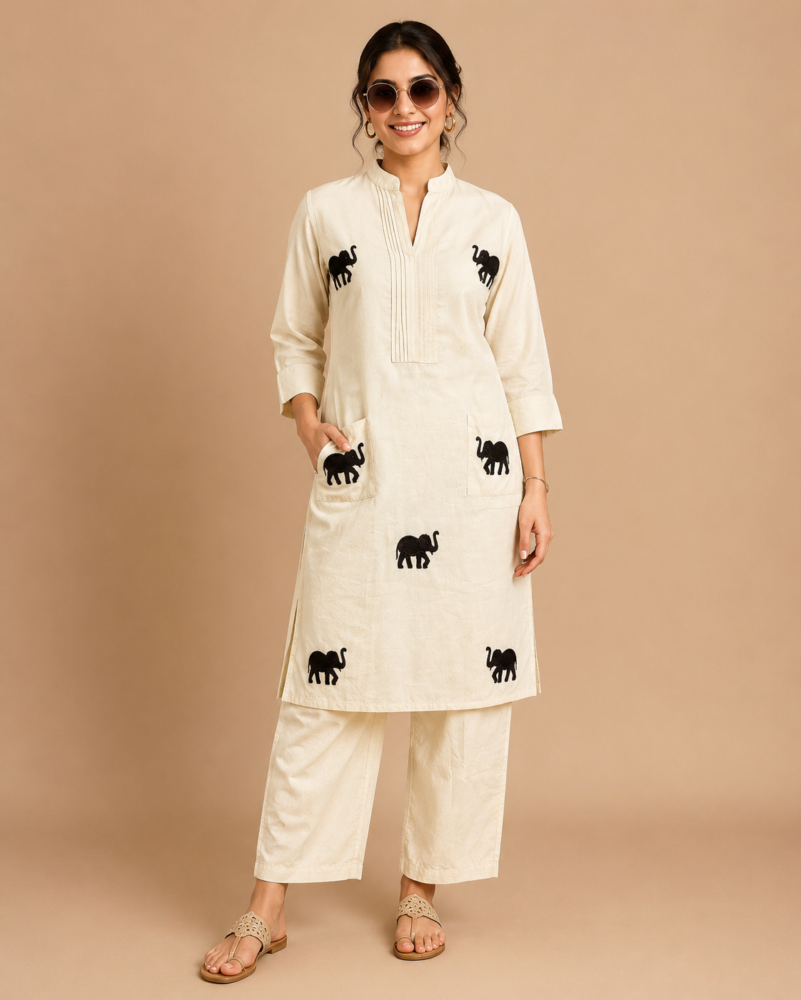 White Khadi Cotton Black Elephant Applique Embroidered Designer Kurti with Pants Set