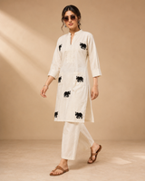 White Khadi Cotton Black Elephant Applique Embroidered Designer Kurti with Pants Set