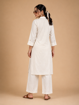 White Khadi Cotton Black Elephant Applique Embroidered Designer Kurti with Pants Set