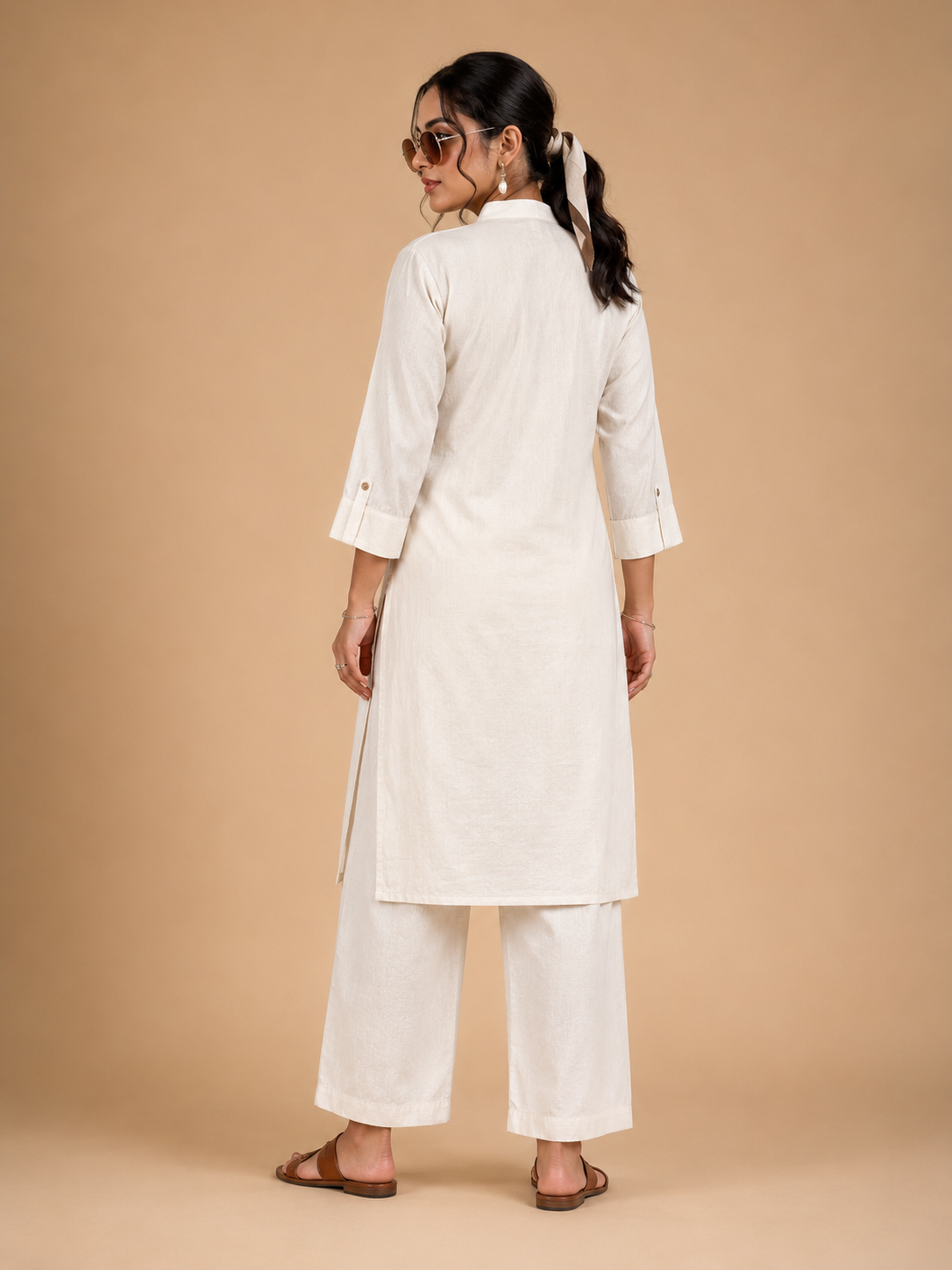 White Khadi Cotton Black Elephant Applique Embroidered Designer Kurti with Pants Set