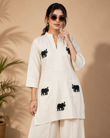 White Khadi Cotton Black Elephant Applique Embroidered Designer Kurti with Pants Set