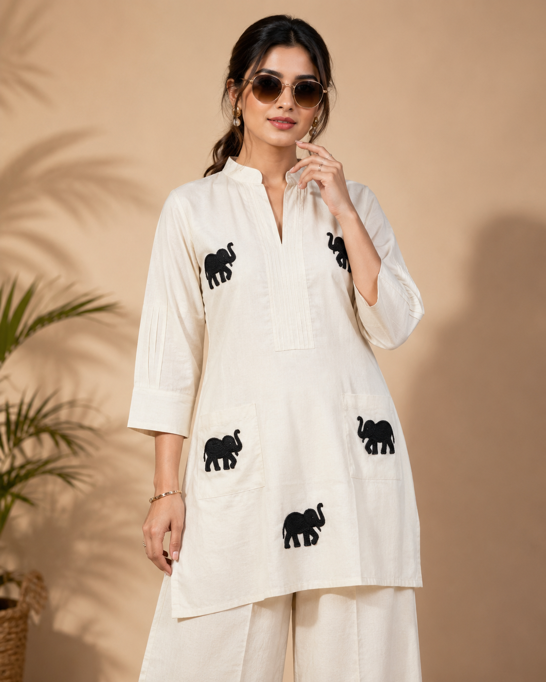 White Khadi Cotton Black Elephant Applique Embroidered Designer Kurti with Pants Set