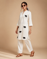 White Khadi Cotton Black Elephant Applique Embroidered Designer Kurti with Pants Set