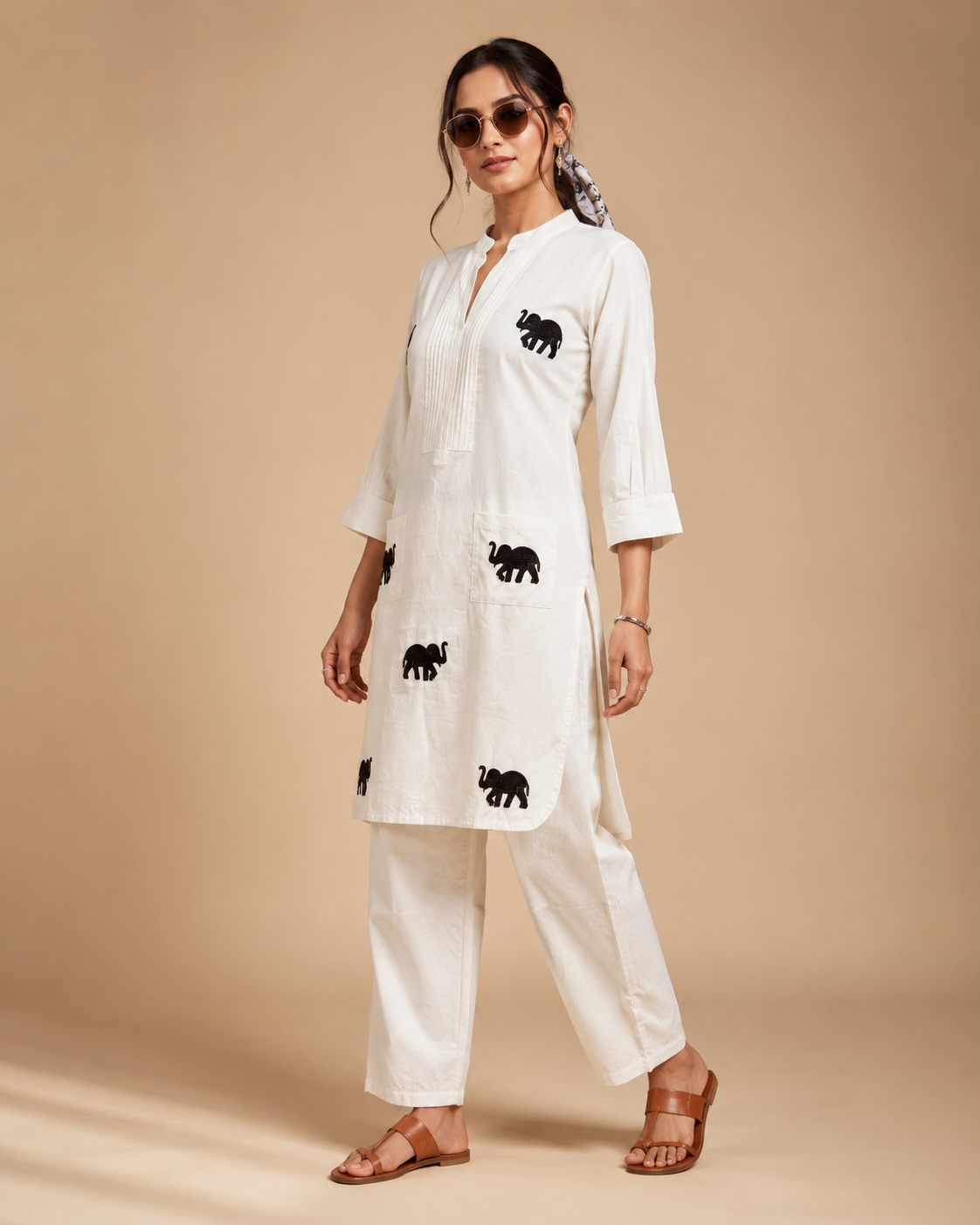 White Khadi Cotton Black Elephant Applique Embroidered Designer Kurti with Pants Set