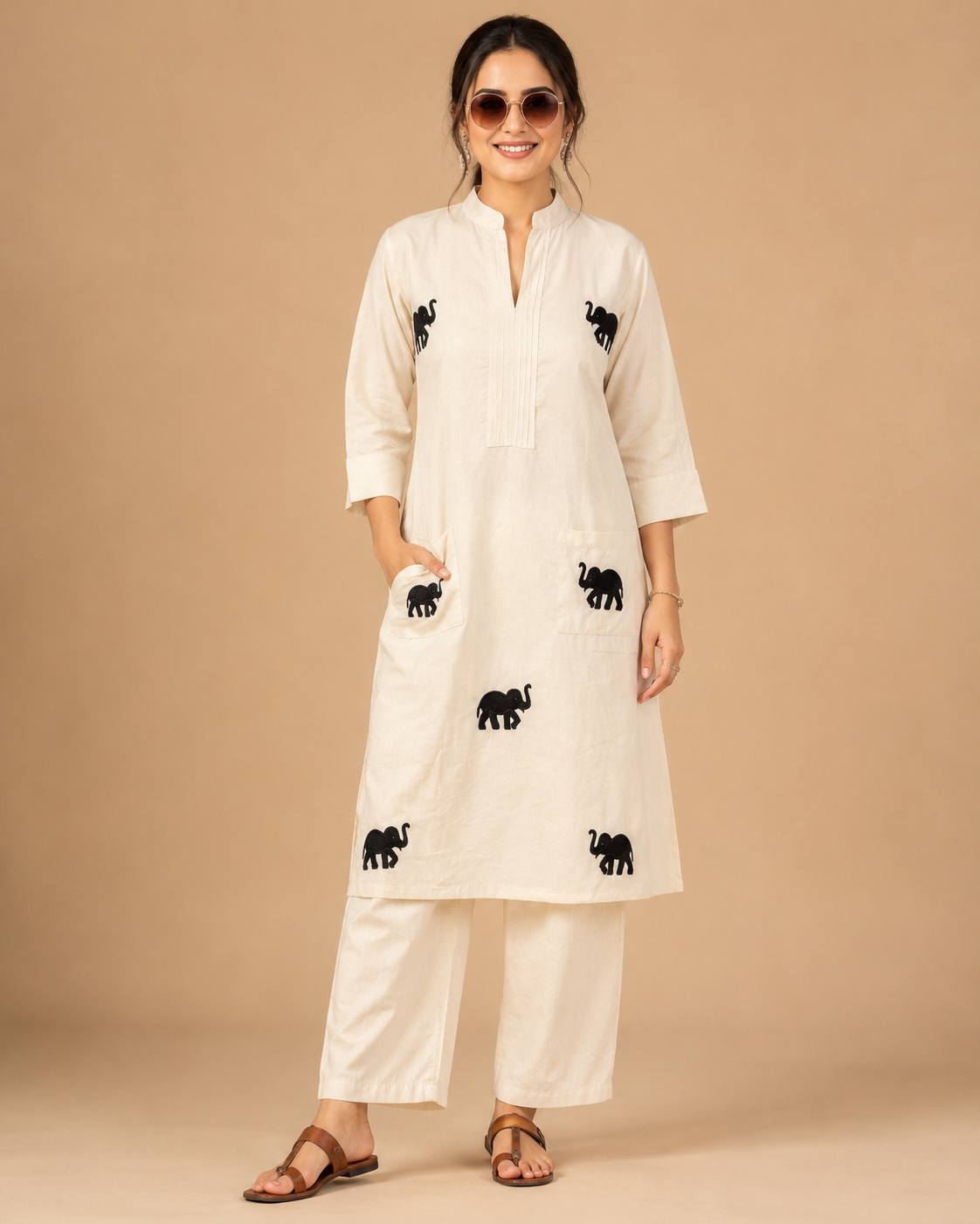 White Khadi Cotton Black Elephant Applique Embroidered Designer Kurti with Pants Set