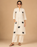 White Khadi Cotton Black Elephant Applique Embroidered Designer Kurti with Pants Set