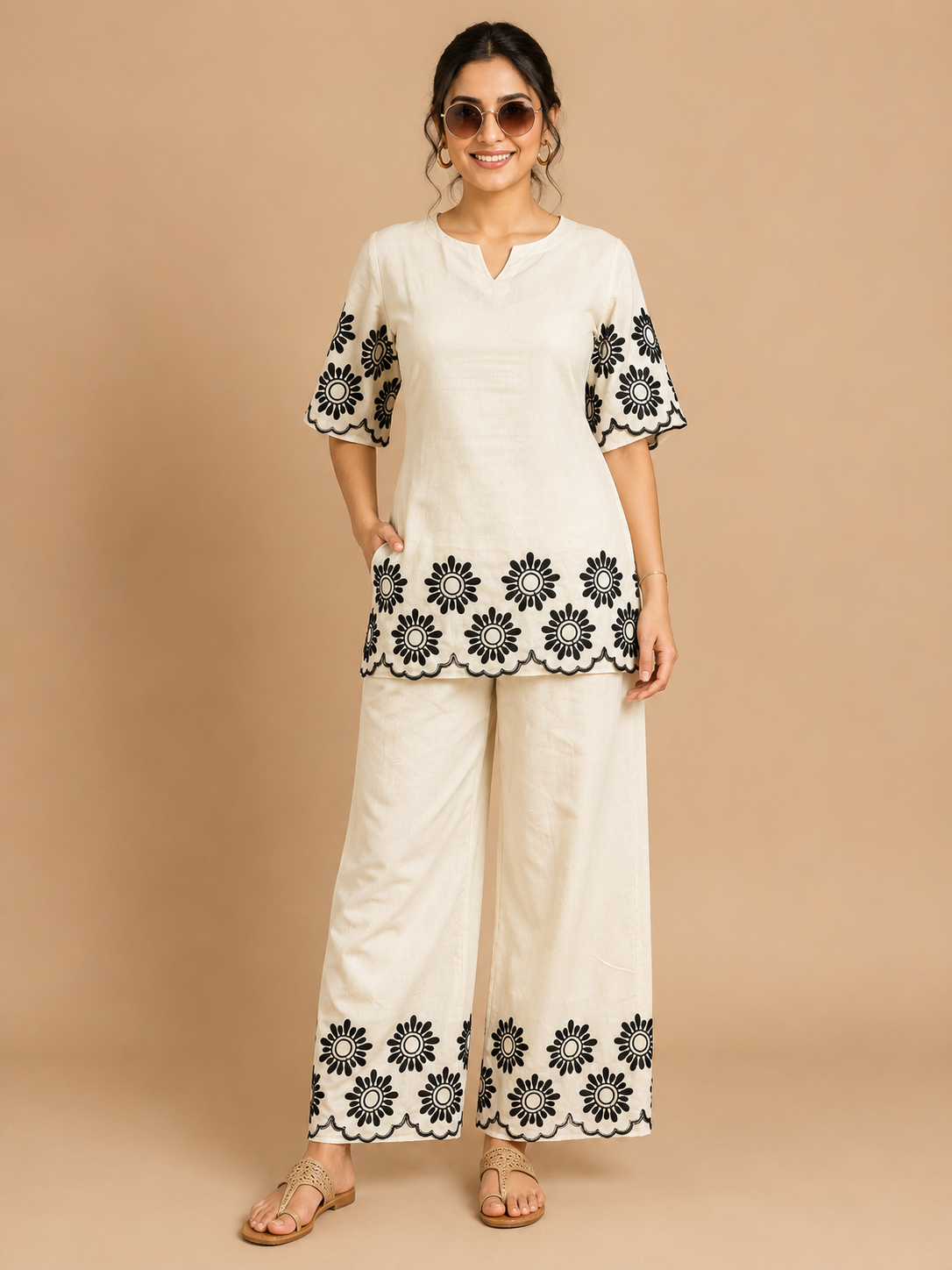 White Khadi Cotton Black Floral Embroidered Designer Short Kurti with Palazzo Set