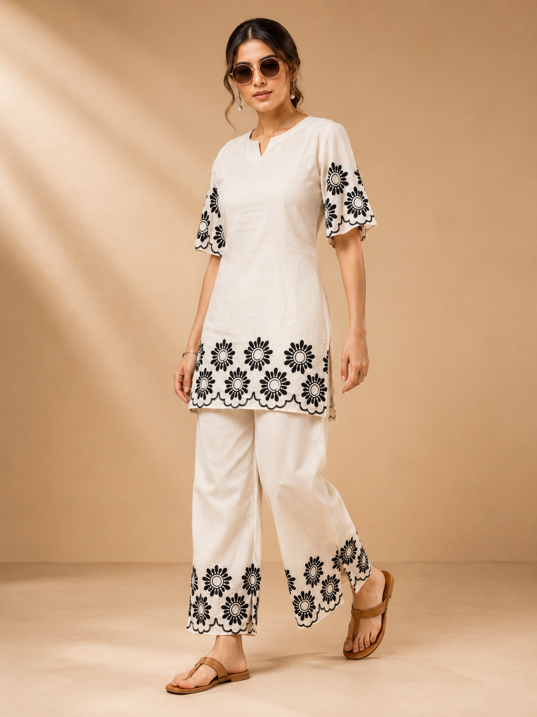 White Khadi Cotton Black Floral Embroidered Designer Short Kurti with Palazzo Set