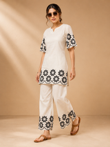 White Khadi Cotton Black Floral Embroidered Designer Short Kurti with Palazzo Set