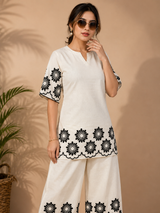 White Khadi Cotton Black Floral Embroidered Designer Short Kurti with Palazzo Set