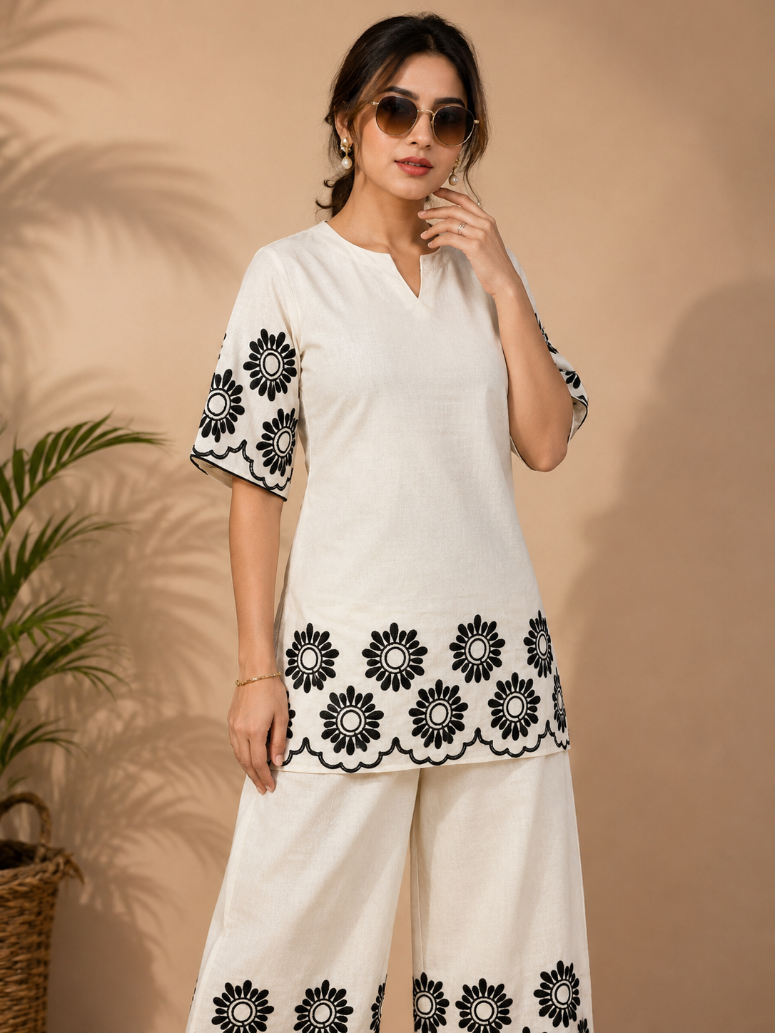 White Khadi Cotton Black Floral Embroidered Designer Short Kurti with Palazzo Set