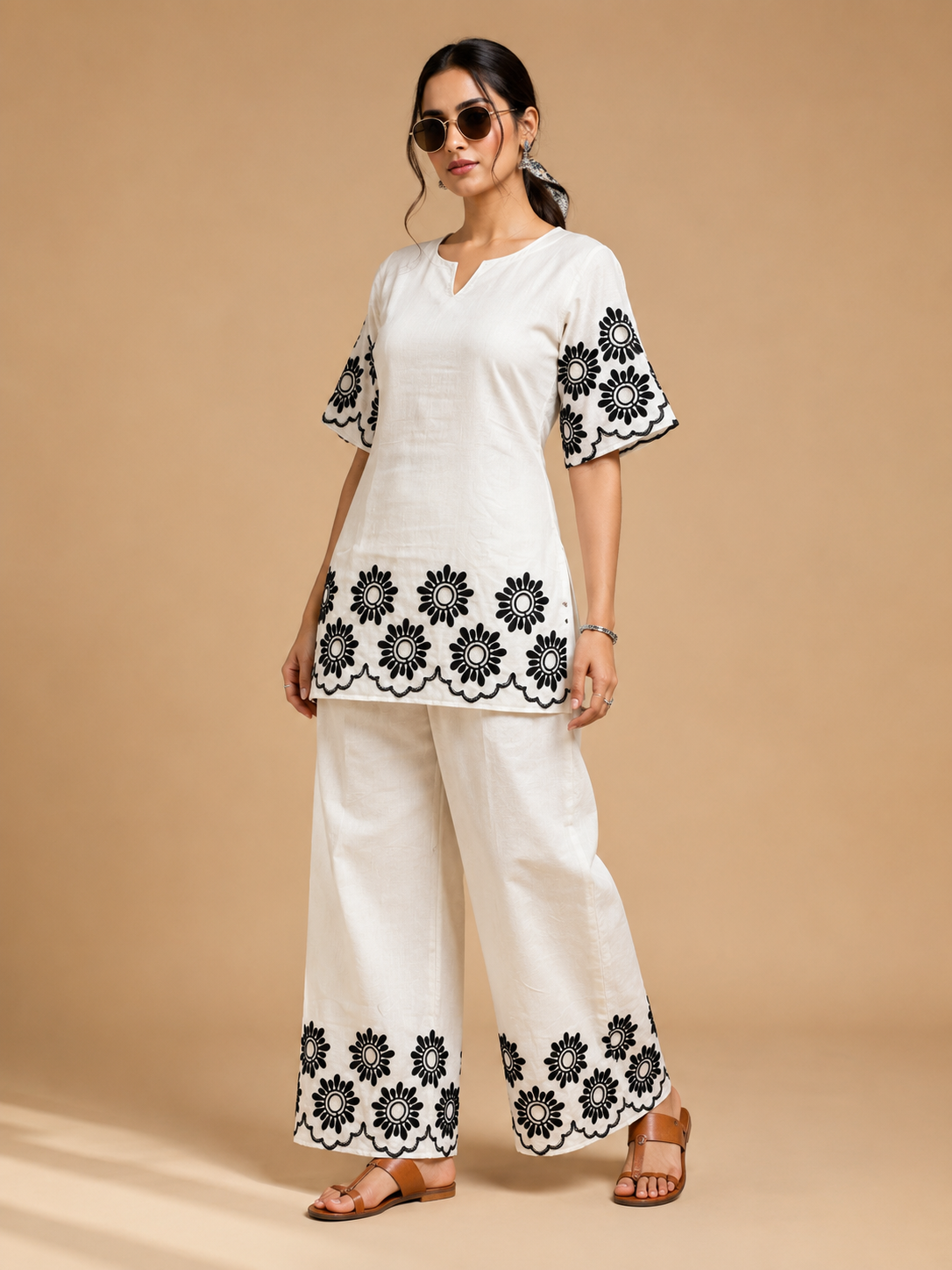 White Khadi Cotton Black Floral Embroidered Designer Short Kurti with Palazzo Set