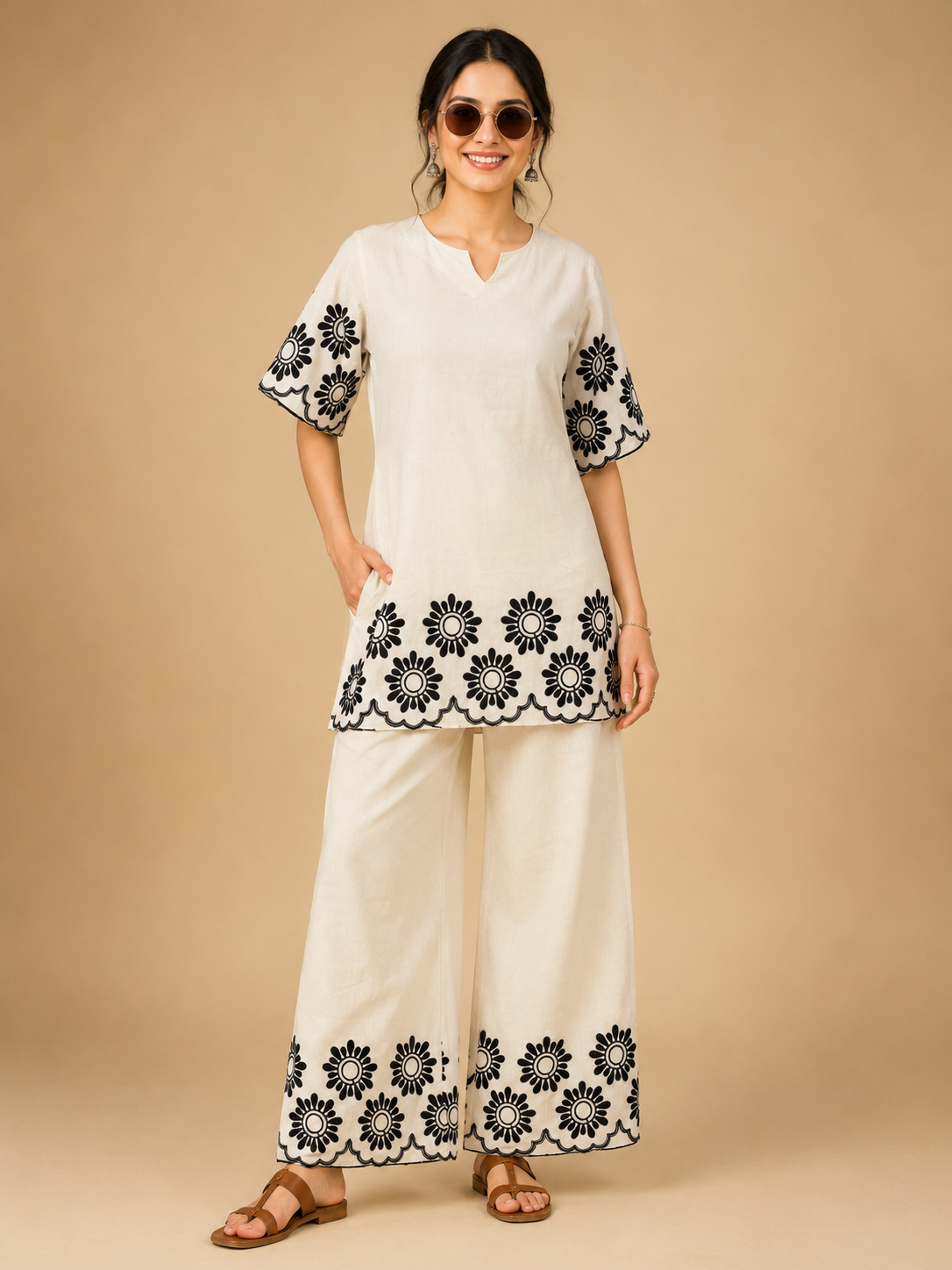 White Khadi Cotton Black Floral Embroidered Designer Short Kurti with Palazzo Set