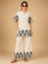 White Khadi Cotton Black Floral Embroidered Designer Short Kurti with Palazzo Set