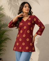 Maroon & Mustard Floral Block Printed Cotton Designer Short Kurti for Women