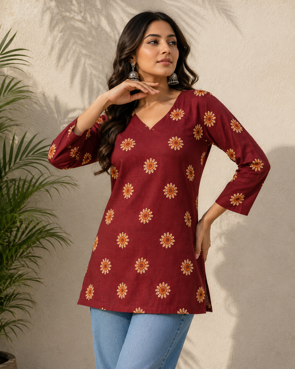 Maroon & Mustard Floral Block Printed Cotton Designer Short Kurti for Women