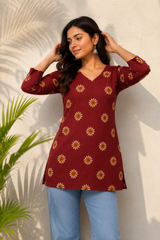 Maroon & Mustard Floral Block Printed Cotton Designer Short Kurti for Women