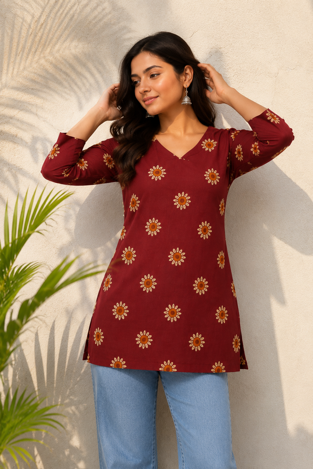 Maroon & Mustard Floral Block Printed Cotton Designer Short Kurti for Women