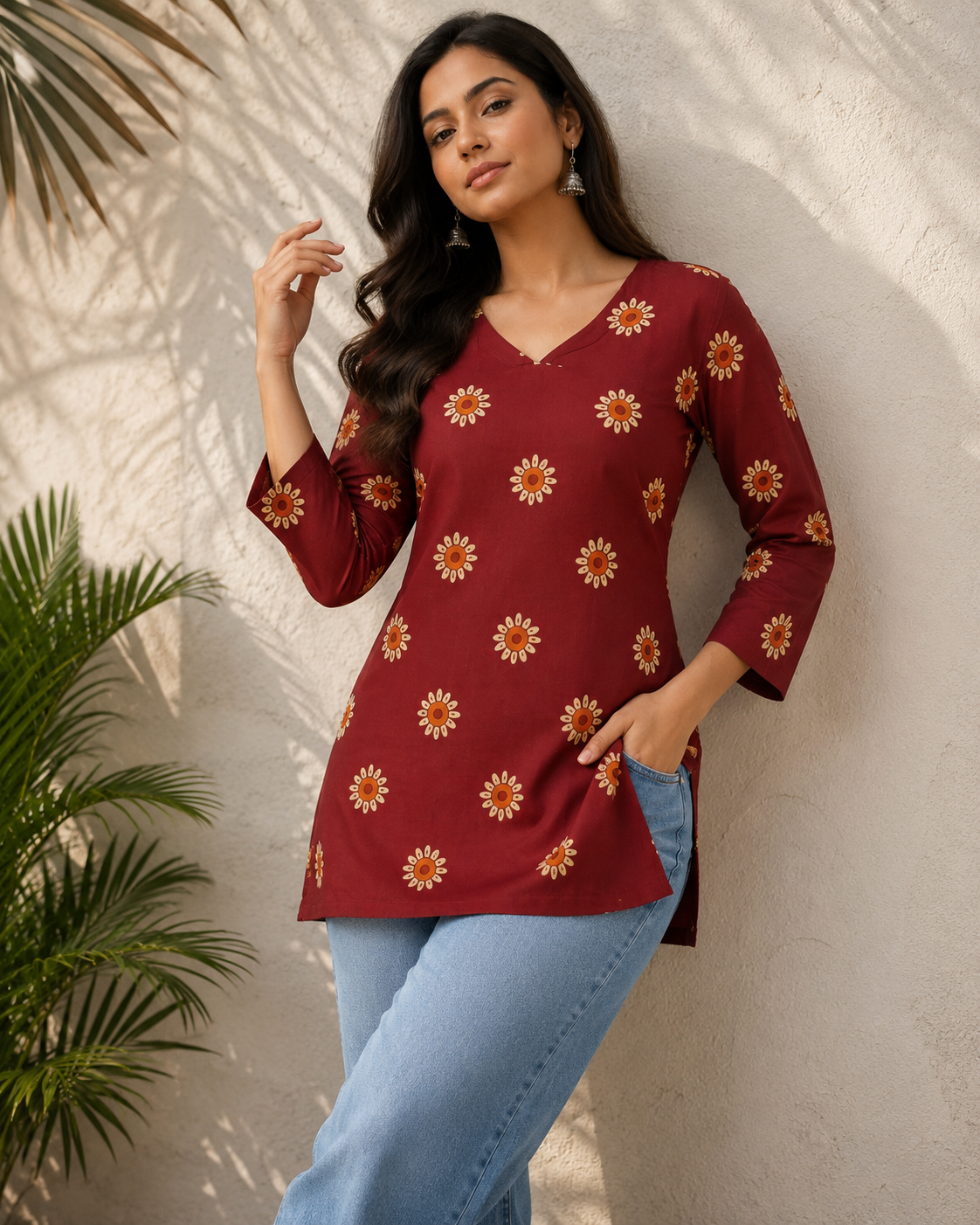 Maroon & Mustard Floral Block Printed Cotton Designer Short Kurti for Women