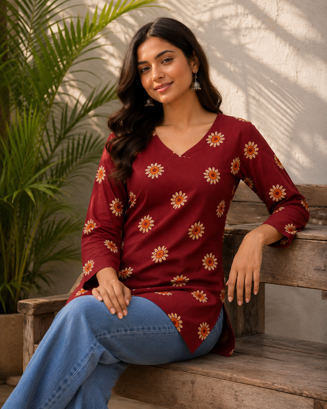 Maroon & Mustard Floral Block Printed Cotton Designer Short Kurti for Women