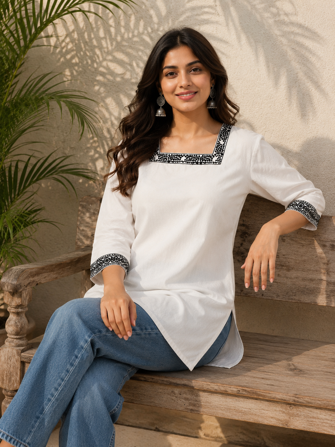 White & Black Embroidered Cotton Designer Short Kurti for Women