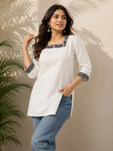 White & Black Embroidered Cotton Designer Short Kurti for Women