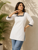 White & Black Embroidered Cotton Designer Short Kurti for Women