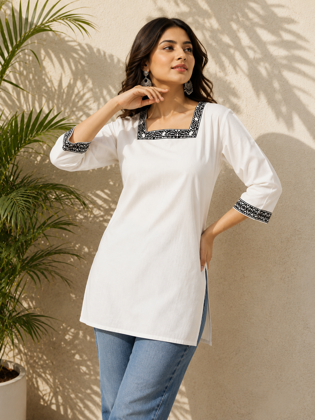 White & Black Embroidered Cotton Designer Short Kurti for Women