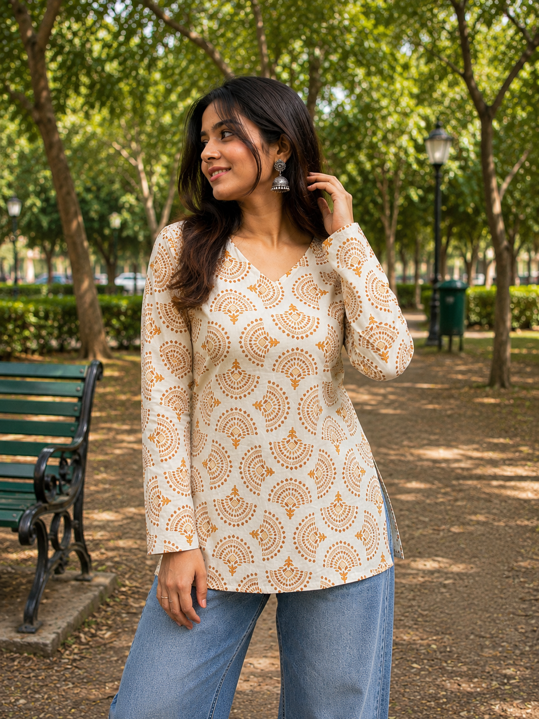Mustard & White Block Printed Cotton Designer Short Kurti for Women