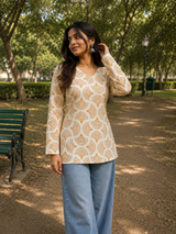 Mustard & White Block Printed Cotton Designer Short Kurti for Women
