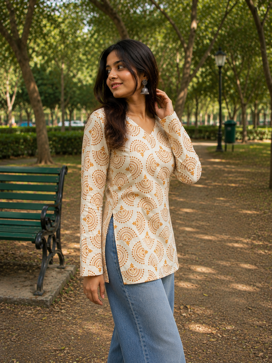 Mustard & White Block Printed Cotton Designer Short Kurti for Women