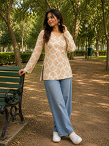 Mustard & White Block Printed Cotton Designer Short Kurti for Women