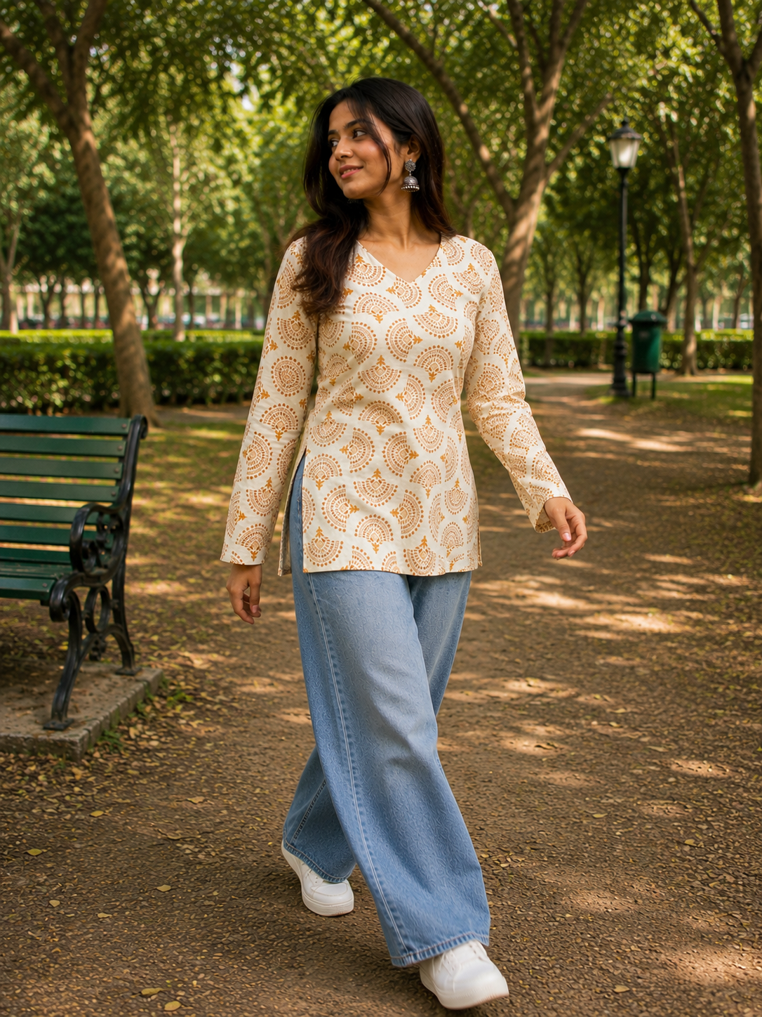 Mustard & White Block Printed Cotton Designer Short Kurti for Women
